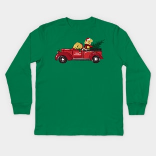 Cartoon Goldendoodles Red Christmas Truck Kids Long Sleeve T-Shirt